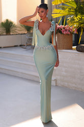 Fabulous Light Green Column V-Neck Beaded Spaghetti Strap Sleeveless Long Satin Prom Dresses